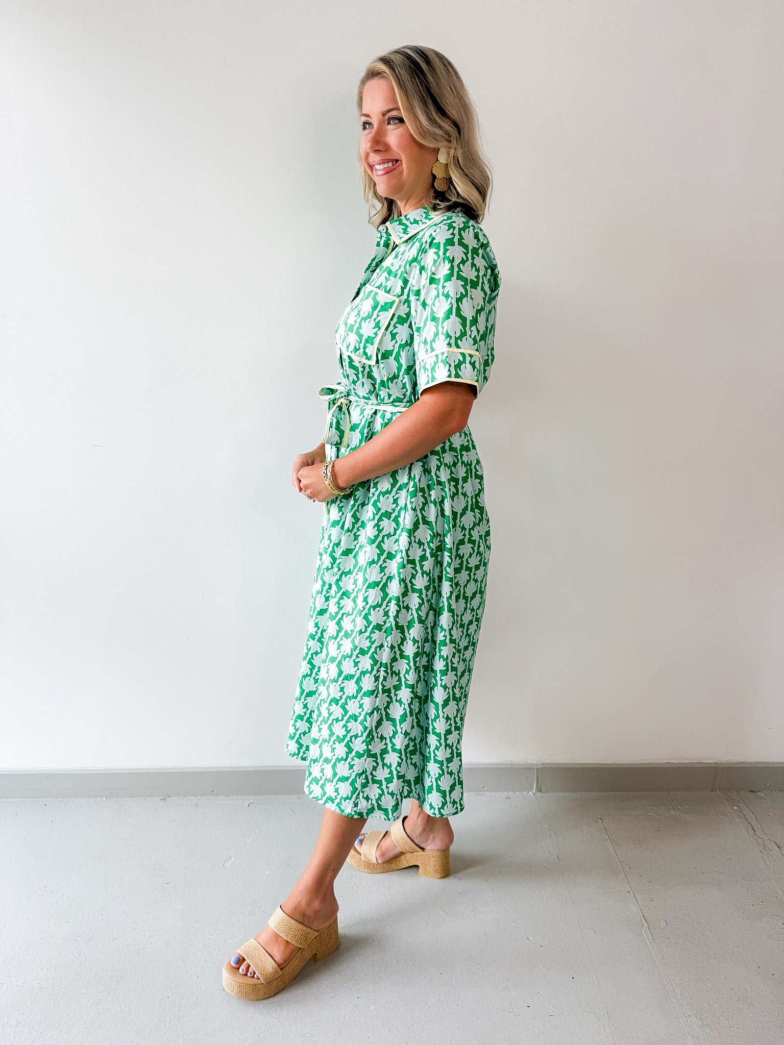 Botanical Print Shirt Sleeve Midi Dress - Green