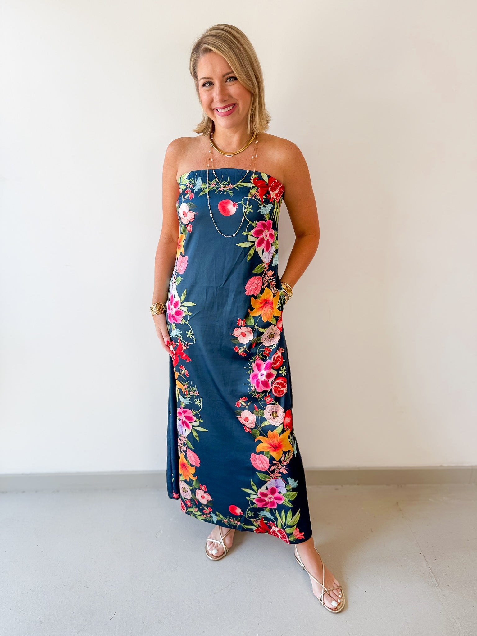Botanical Print Strapless Dress