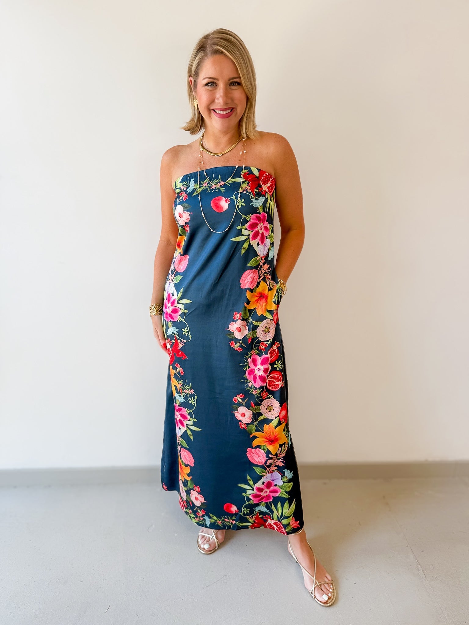 Botanical Print Strapless Dress