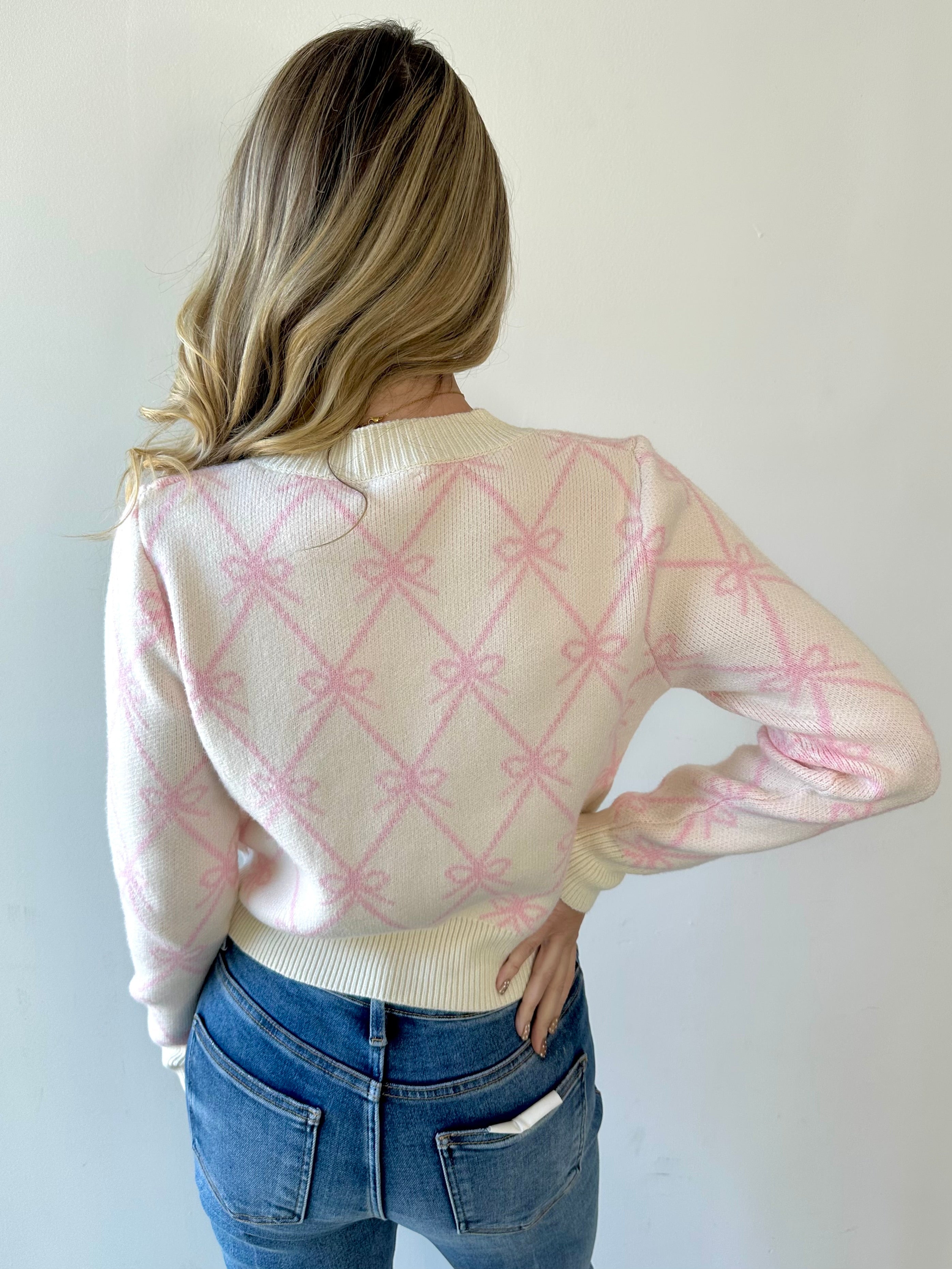 Bow Knit Cardigan With Pockets - Pink