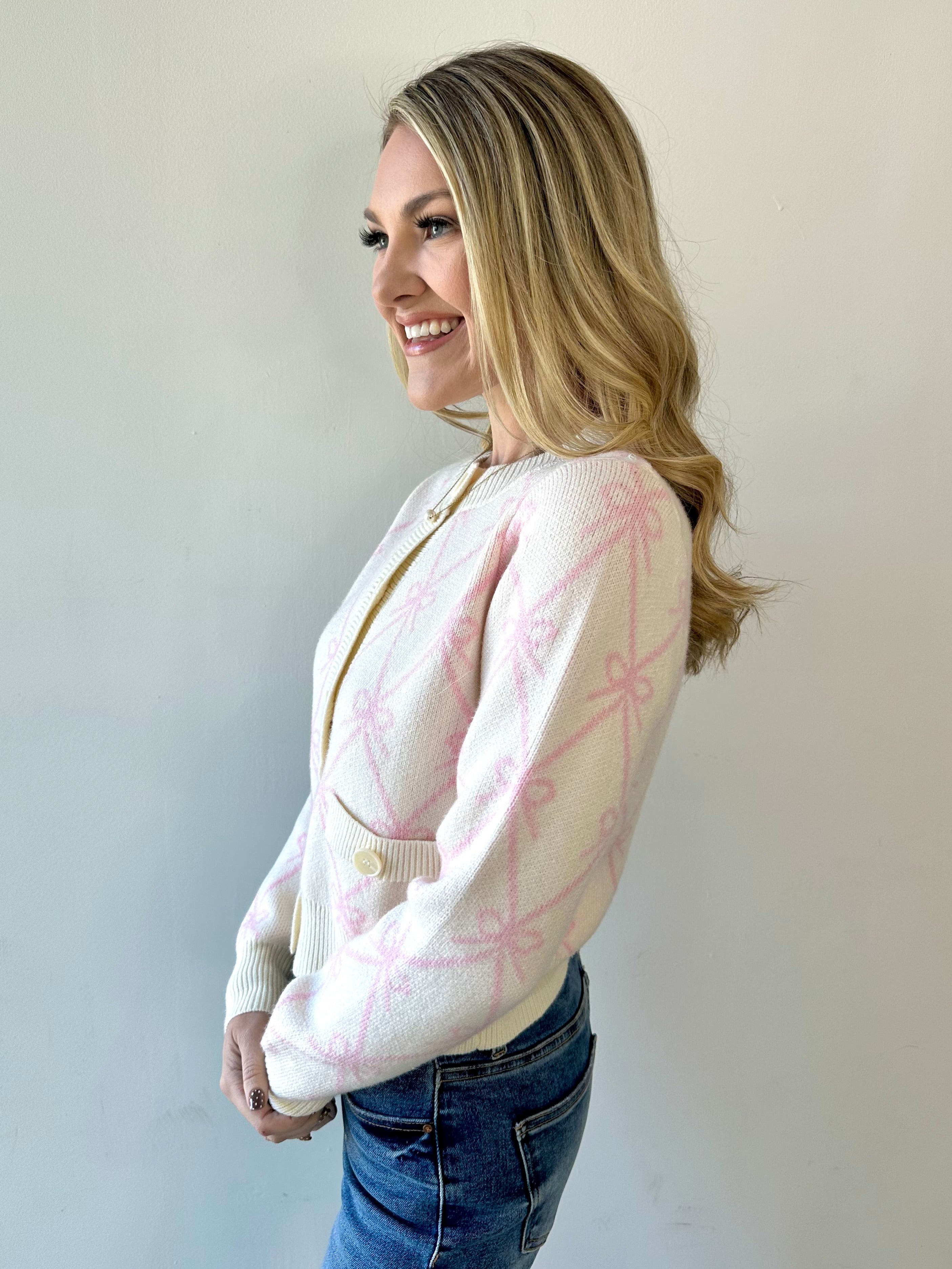 Bow Knit Cardigan With Pockets - Pink