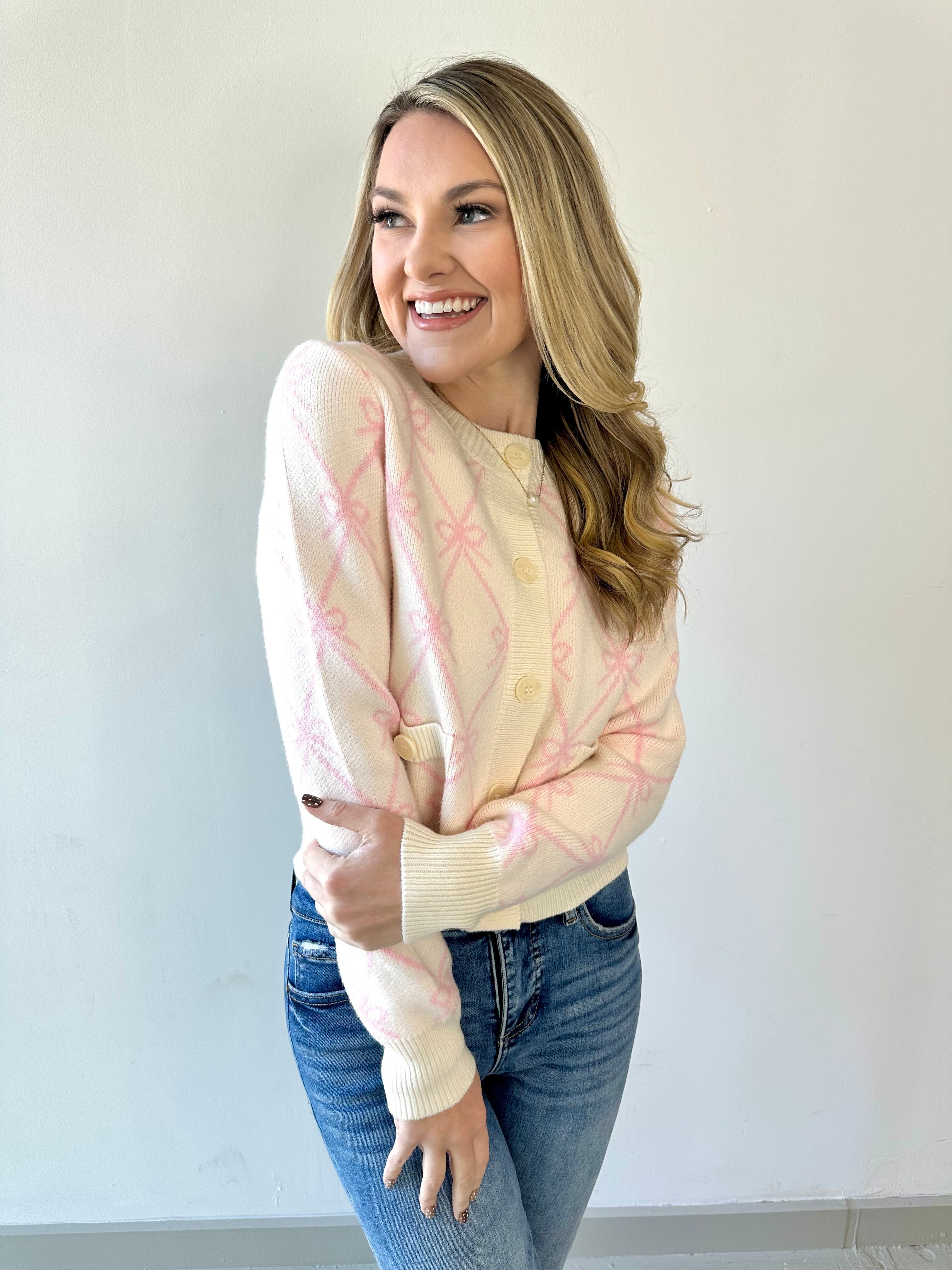Bow Knit Cardigan With Pockets - Pink