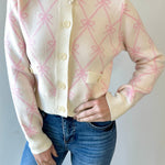 Bow Knit Cardigan With Pockets - Pink