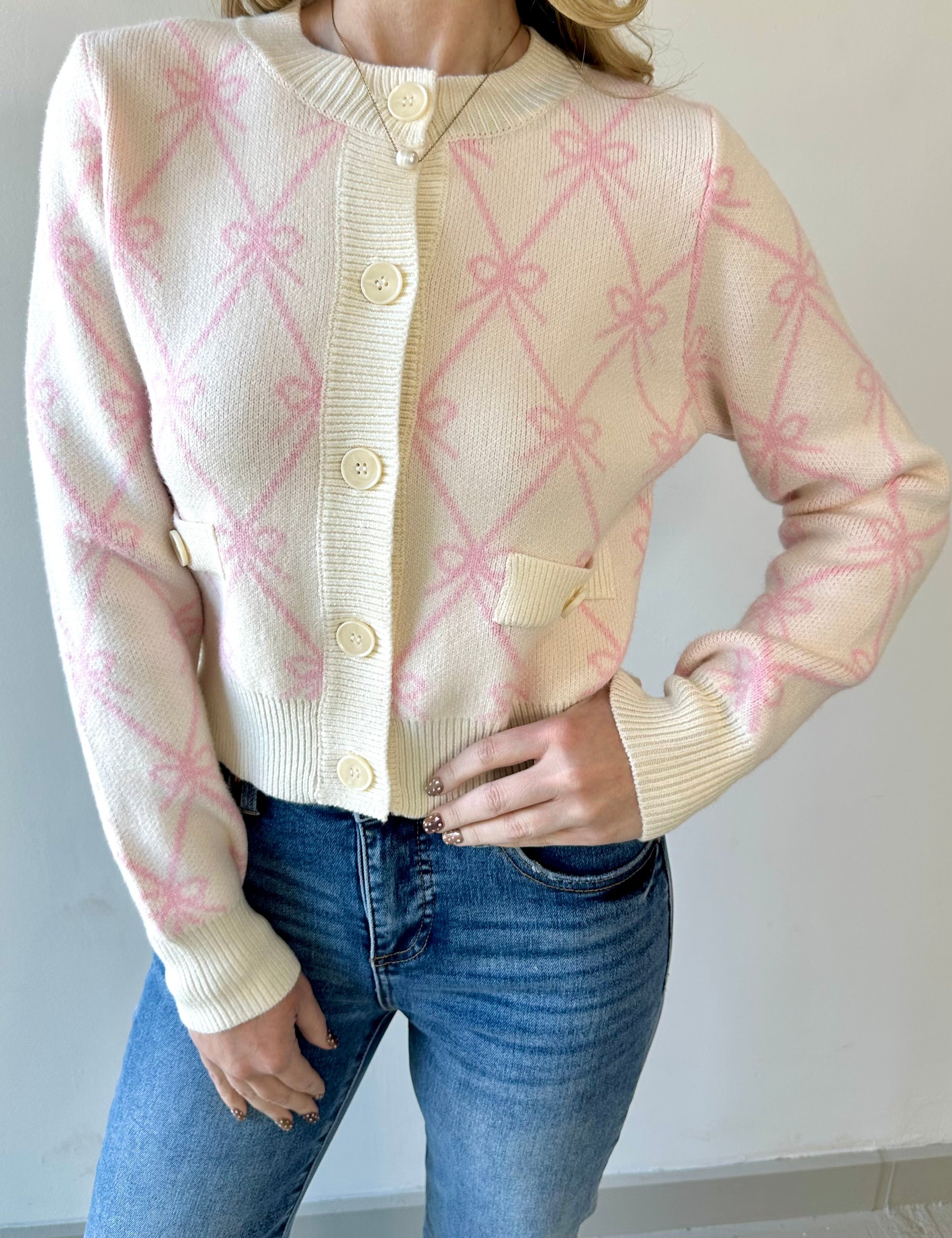 Bow Knit Cardigan With Pockets - Pink