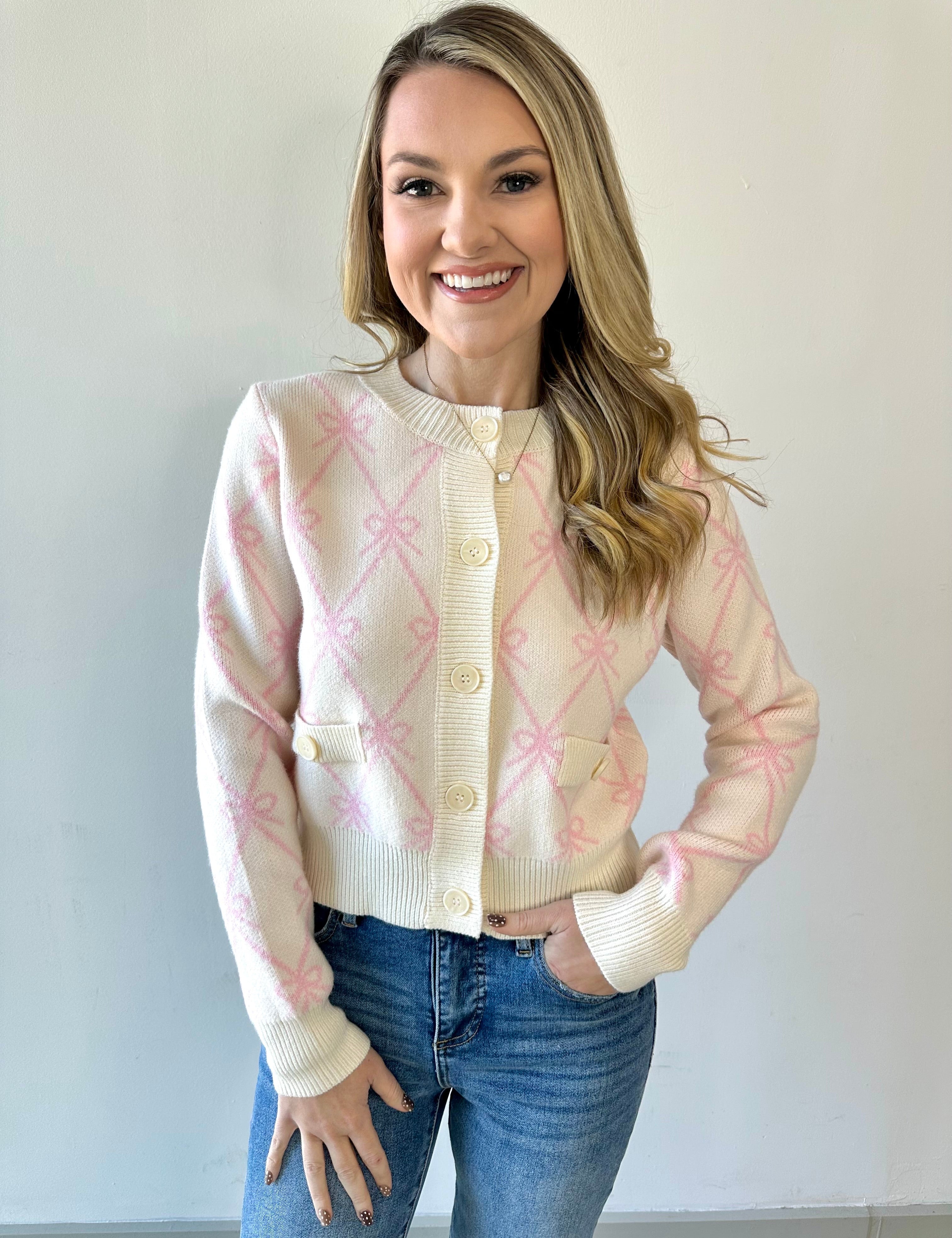 Bow Knit Cardigan With Pockets - Pink