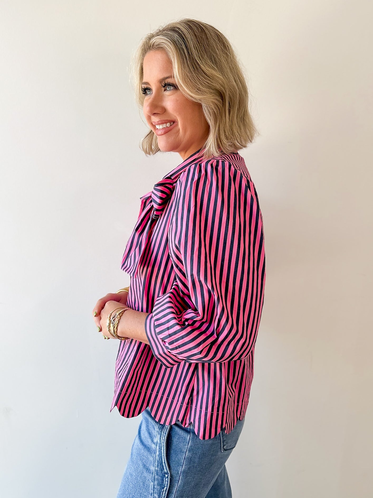 Bow Striped Top - Pink Pine