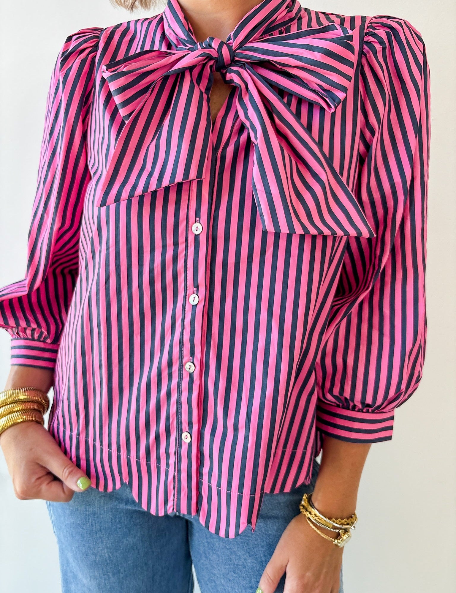 Bow Striped Top - Pink Pine