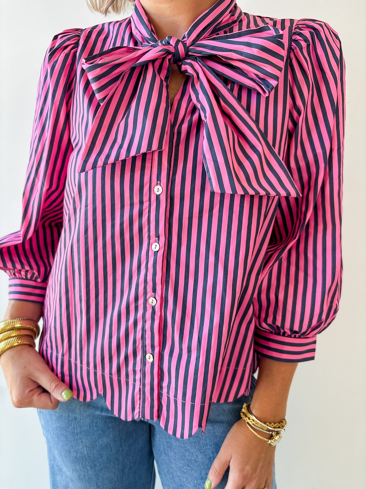 Bow Striped Top - Pink Pine