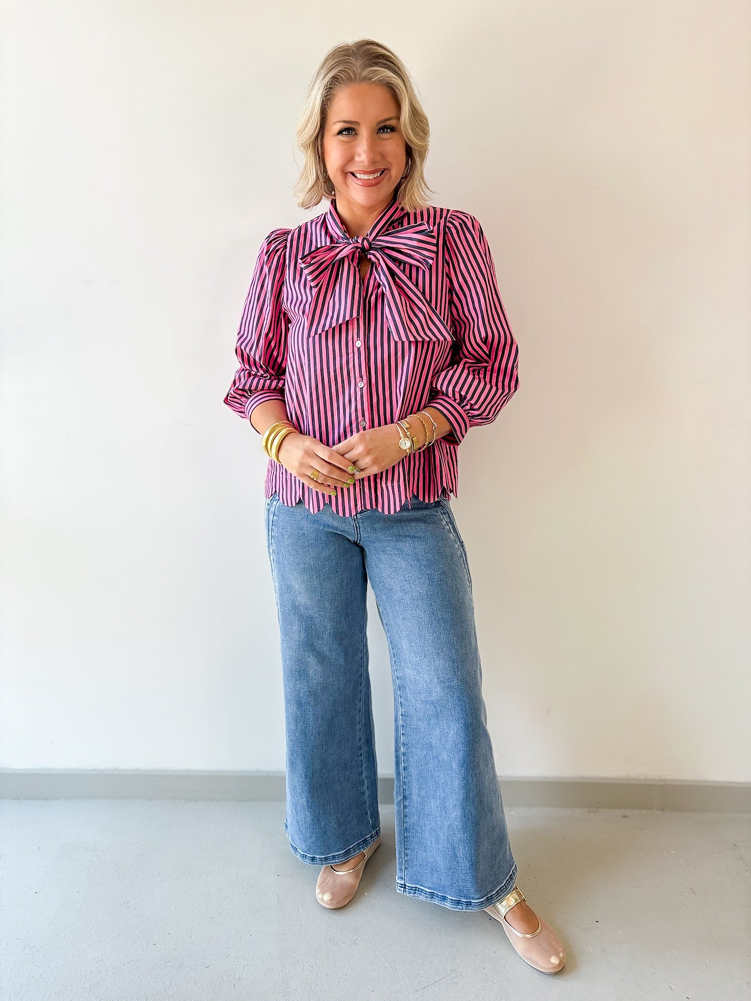 Bow Striped Top - Pink Pine