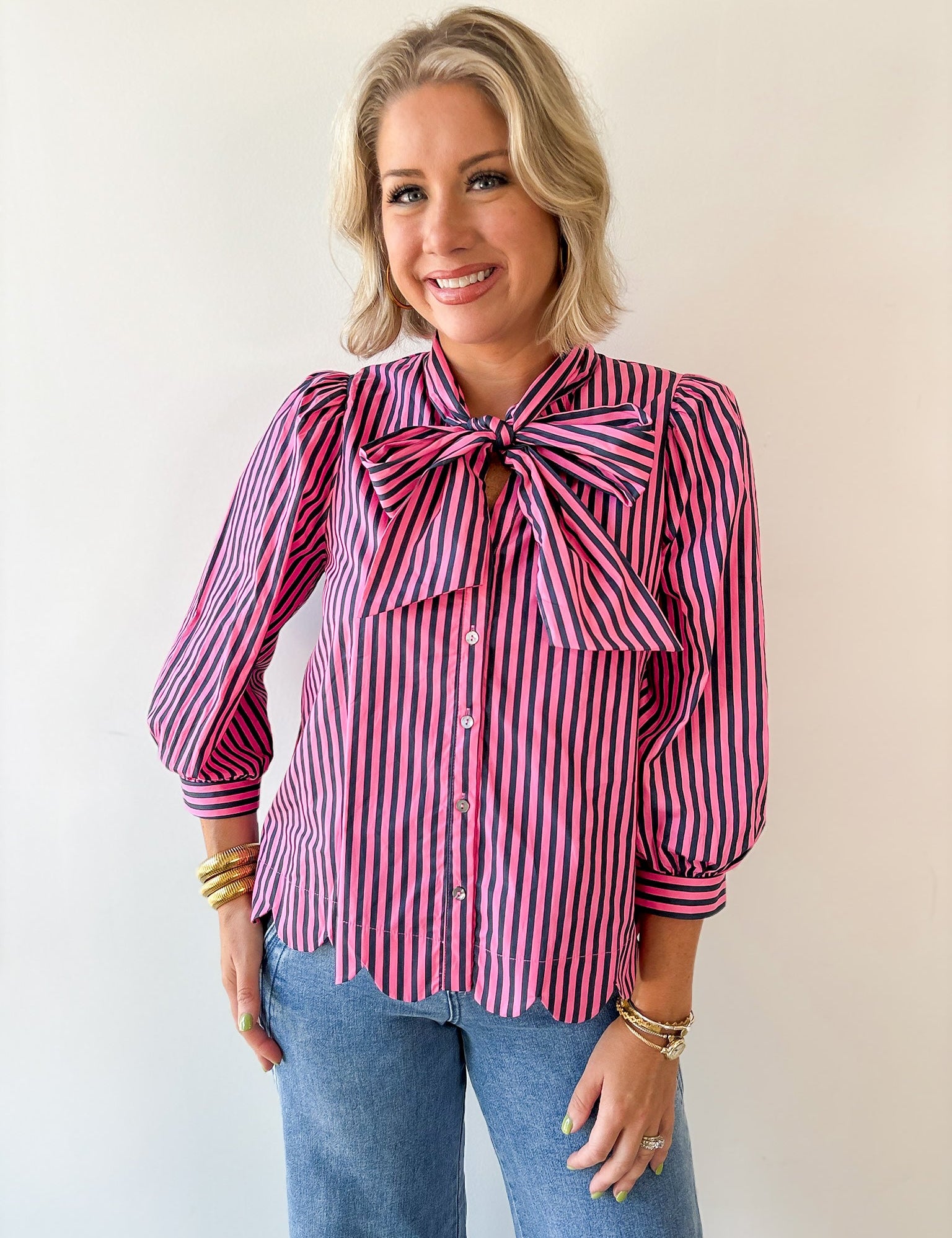 Bow Striped Top - Pink Pine