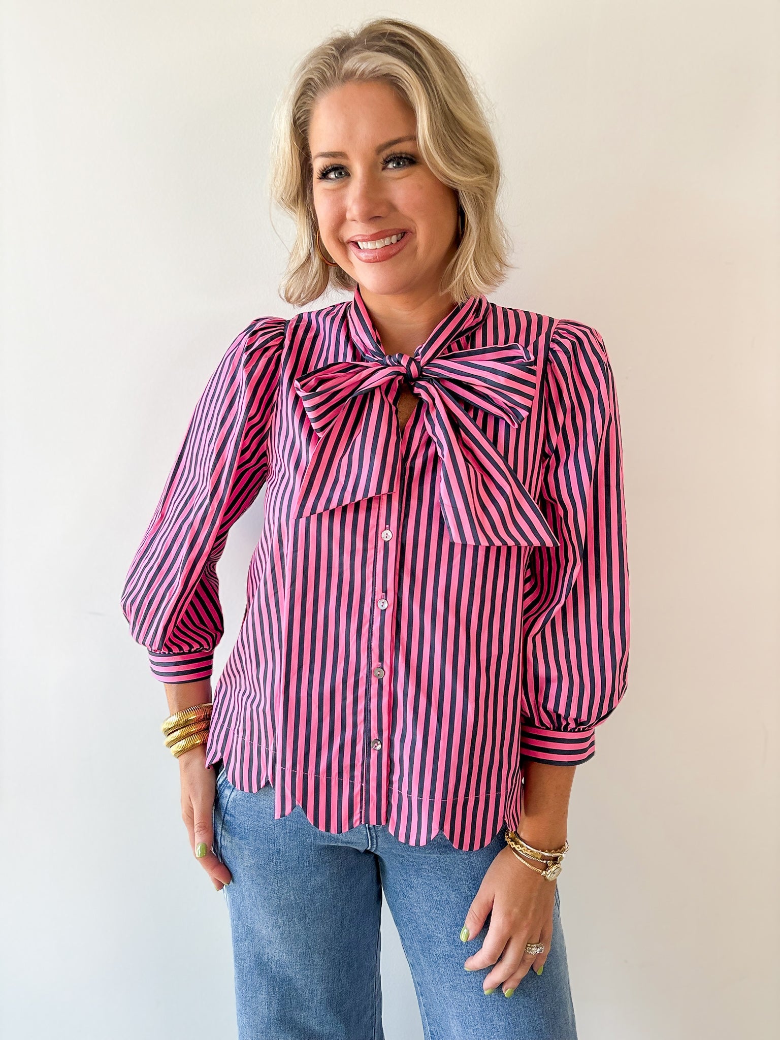Bow Striped Top - Pink Pine