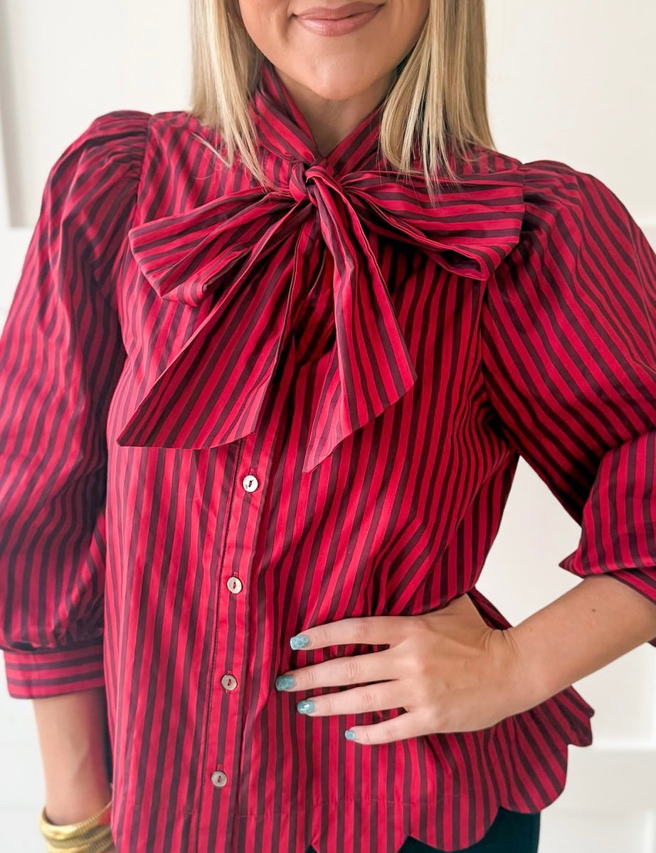 Bow Striped Top - Red Brown