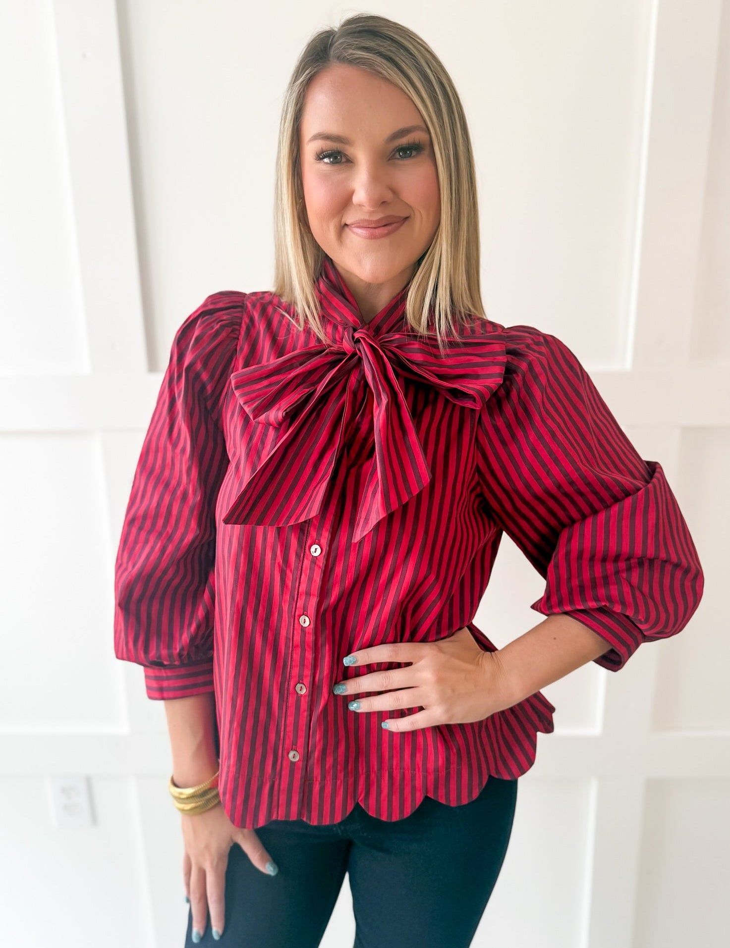 Bow Striped Top - Red Brown