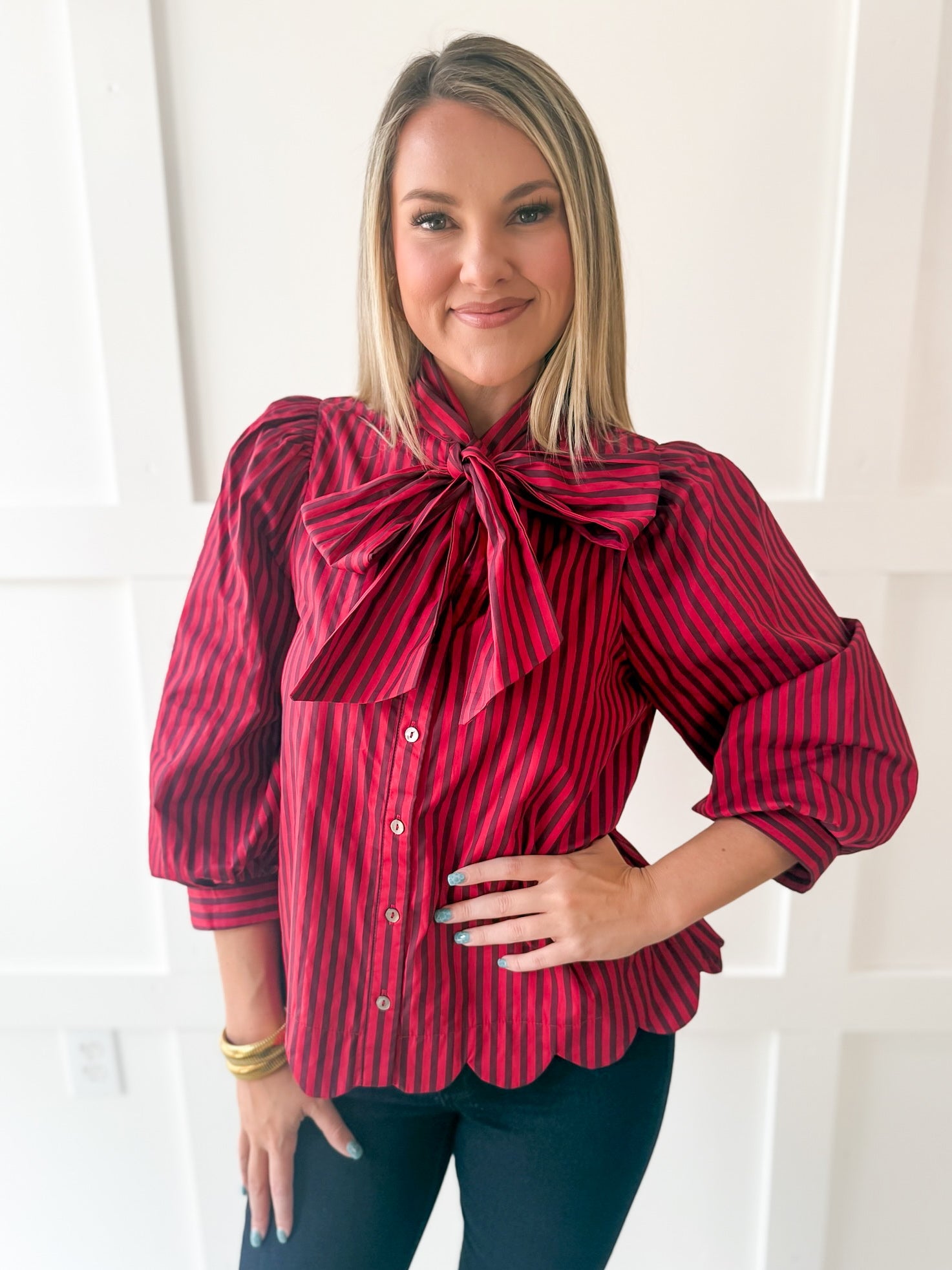 Bow Striped Top - Red Brown