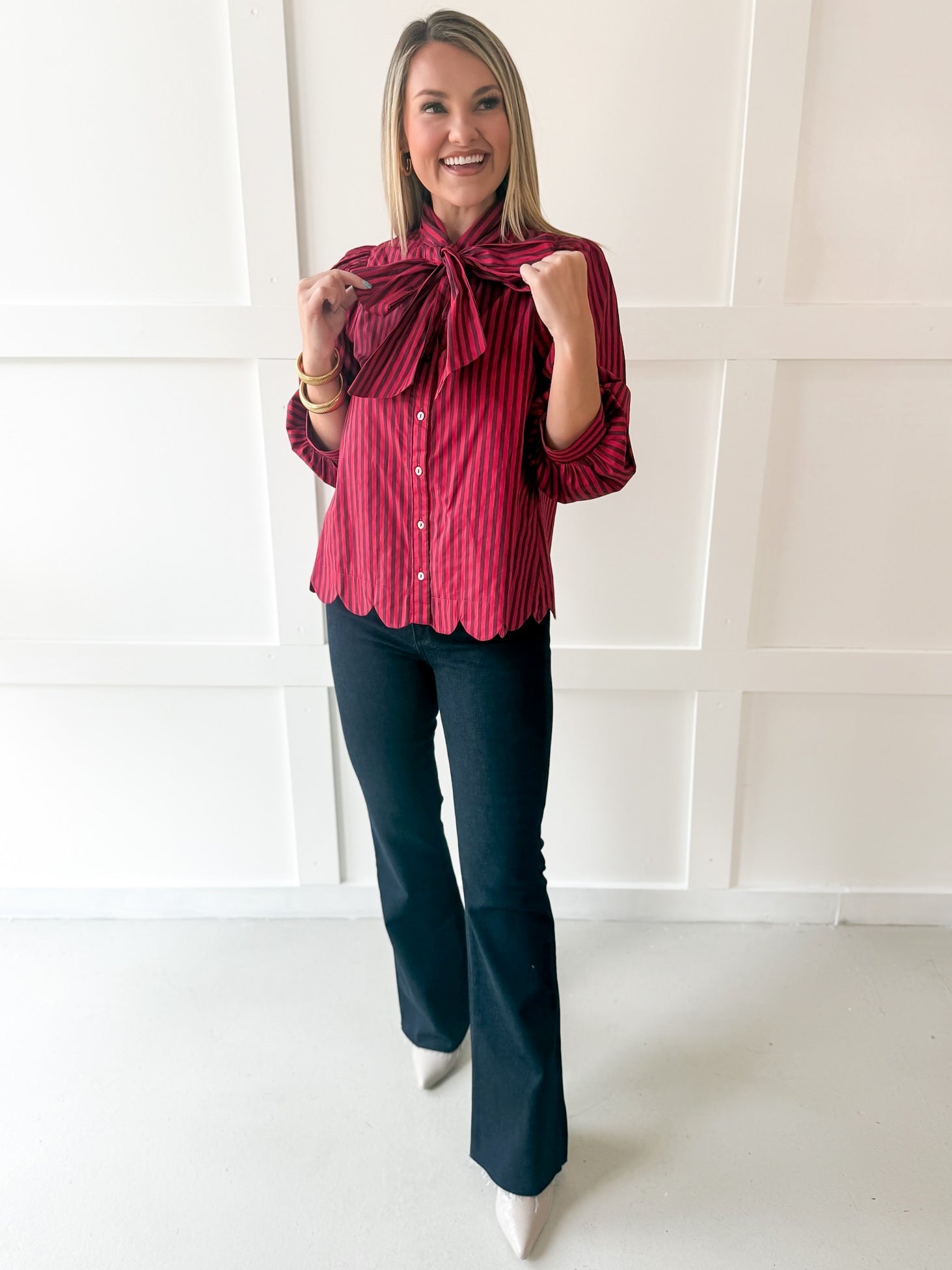 Bow Striped Top - Red Brown