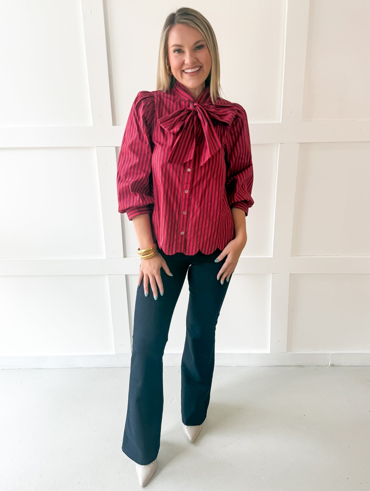 Bow Striped Top - Red Brown