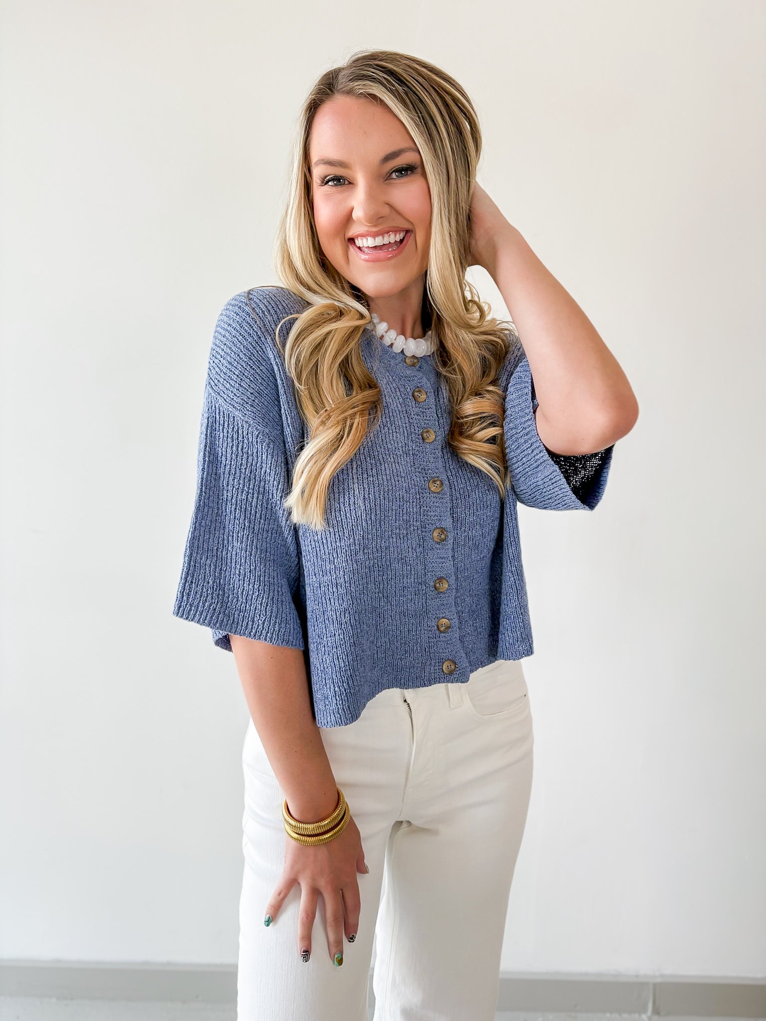 Boxy Knit Cardigan - Dusty Blue