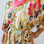 Braid Belted 3/4 Sleeve Mini Dress- Yellow/Pink