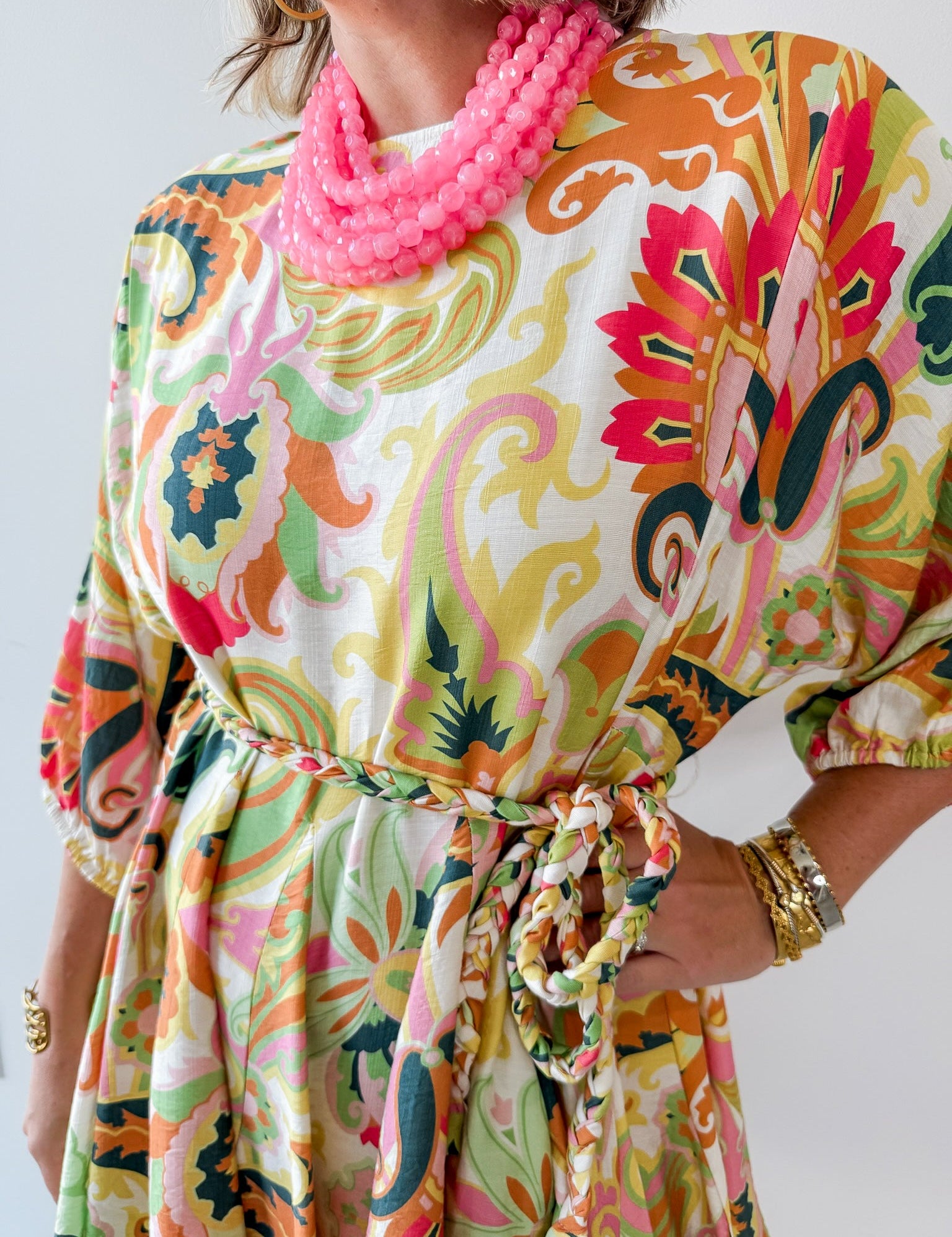 Braid Belted 3/4 Sleeve Mini Dress- Yellow/Pink
