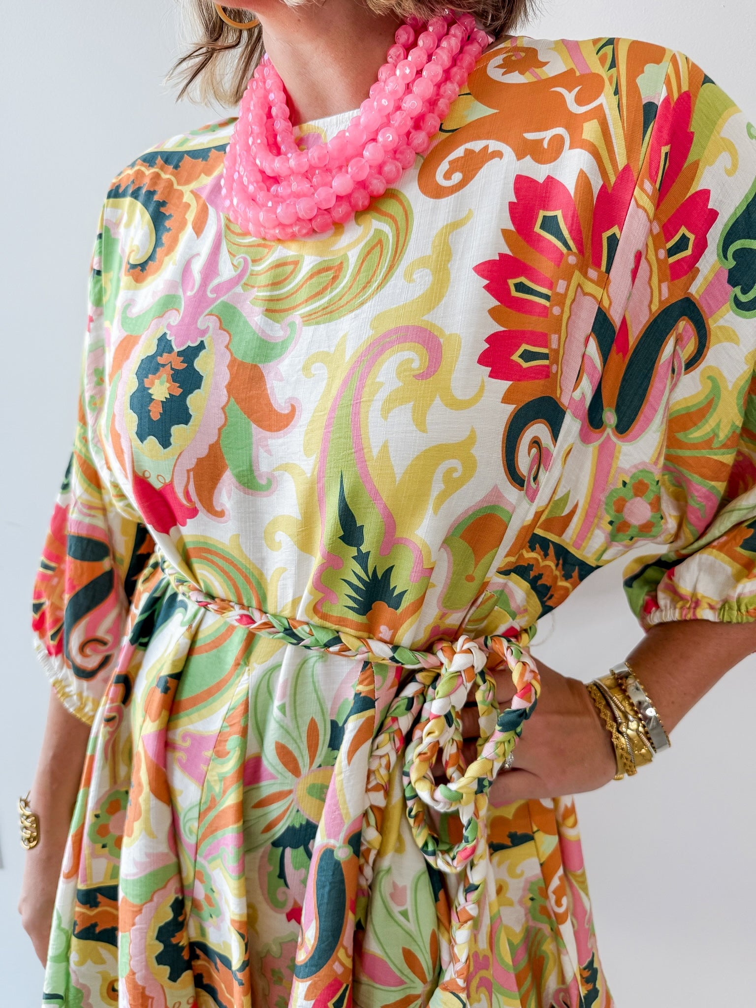 Braid Belted 3/4 Sleeve Mini Dress- Yellow/Pink