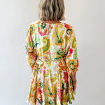 Braid Belted 3/4 Sleeve Mini Dress- Yellow/Pink