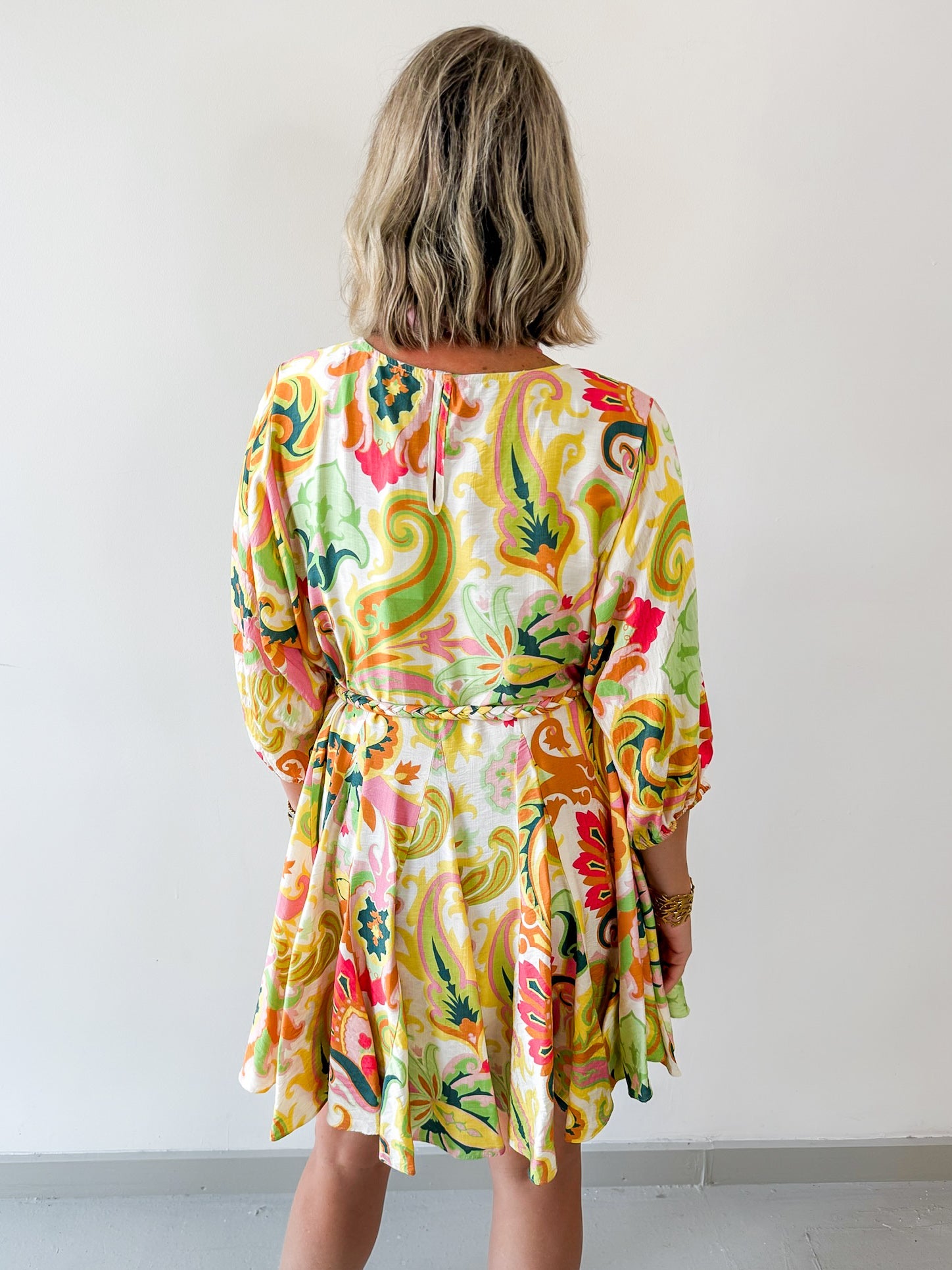 Braid Belted 3/4 Sleeve Mini Dress- Yellow/Pink