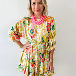 Braid Belted 3/4 Sleeve Mini Dress- Yellow/Pink