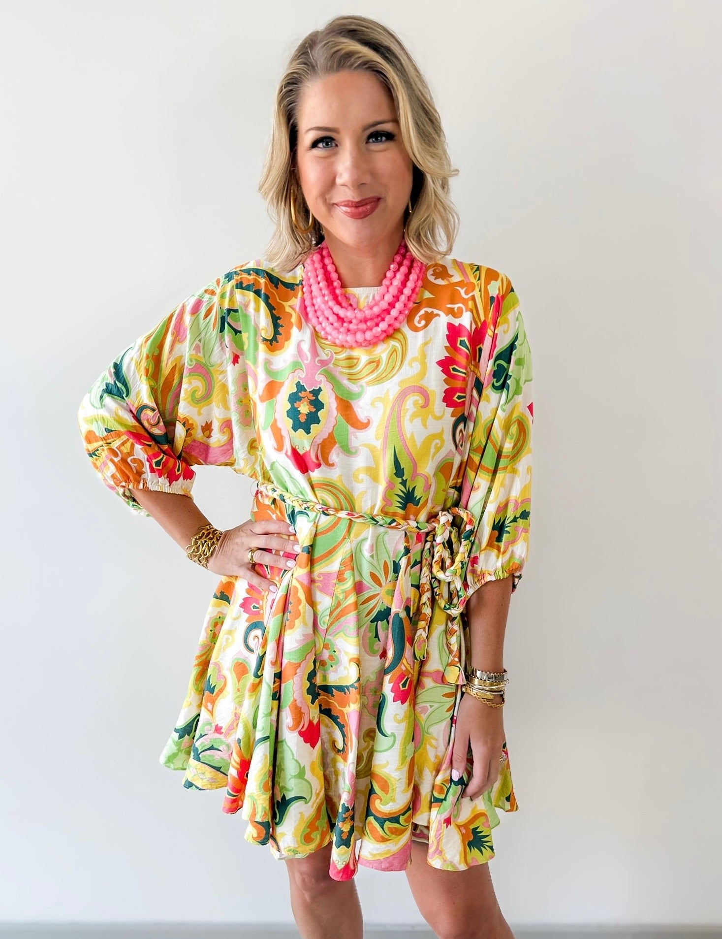 Braid Belted 3/4 Sleeve Mini Dress- Yellow/Pink
