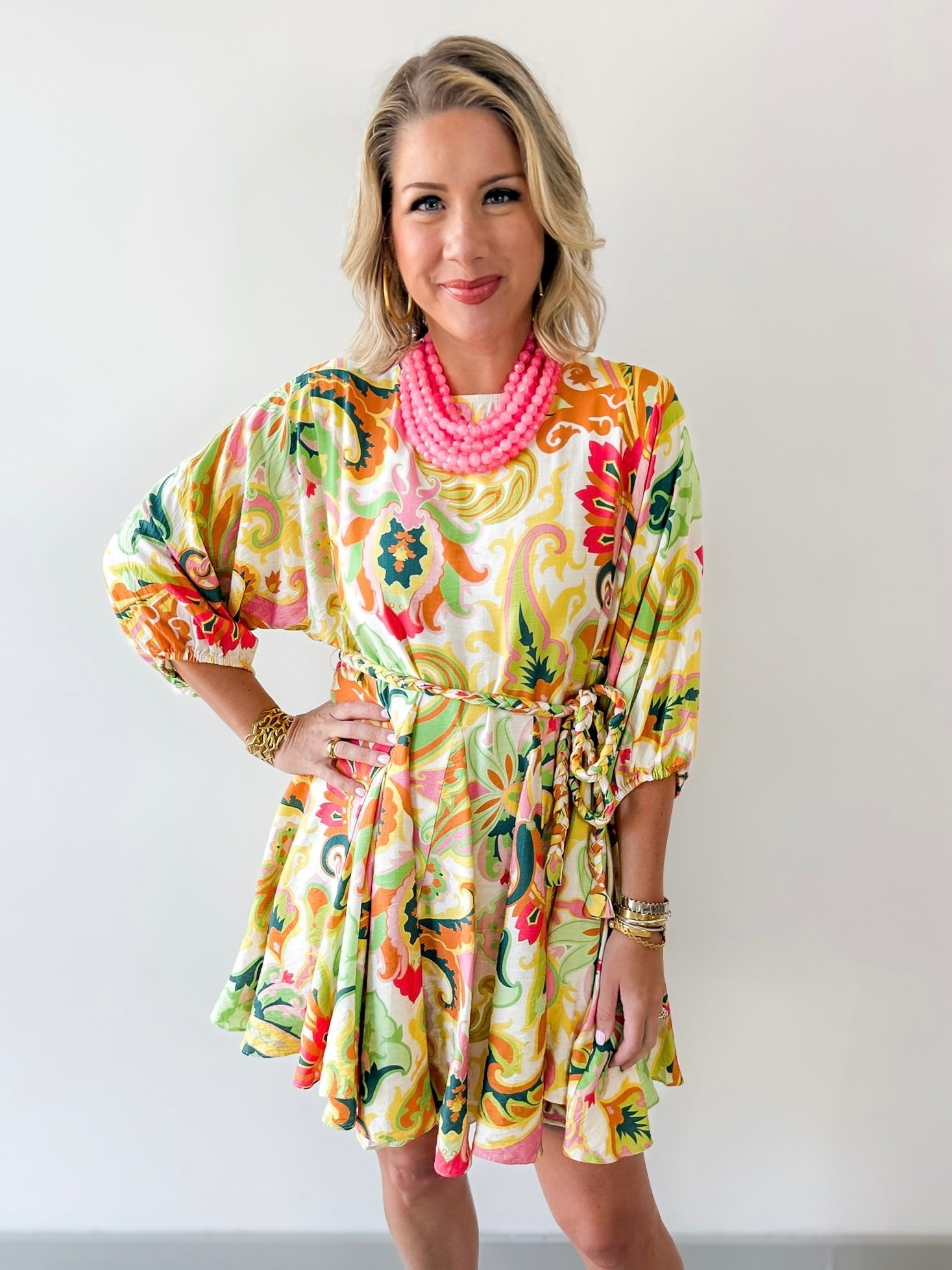 Braid Belted 3/4 Sleeve Mini Dress- Yellow/Pink
