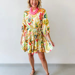 Braid Belted 3/4 Sleeve Mini Dress- Yellow/Pink