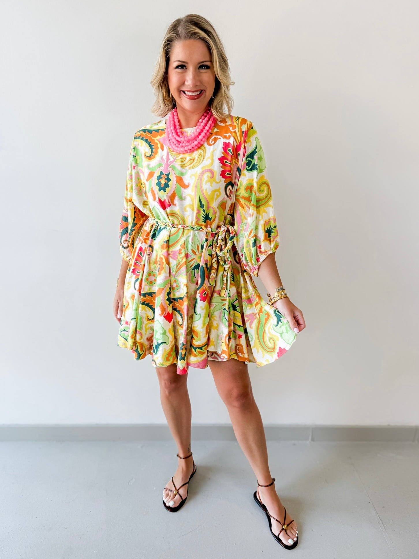 Braid Belted 3/4 Sleeve Mini Dress- Yellow/Pink