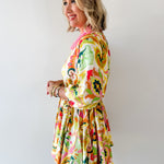 Braid Belted 3/4 Sleeve Mini Dress- Yellow/Pink