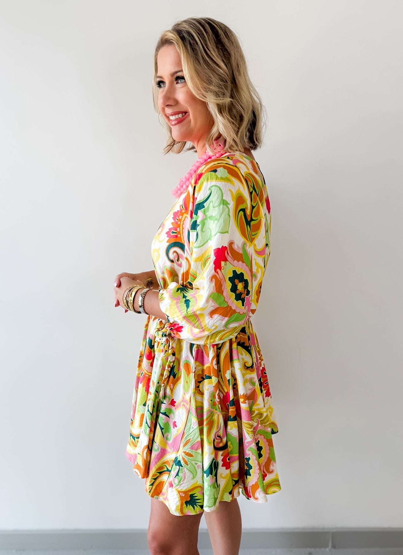 Braid Belted 3/4 Sleeve Mini Dress- Yellow/Pink