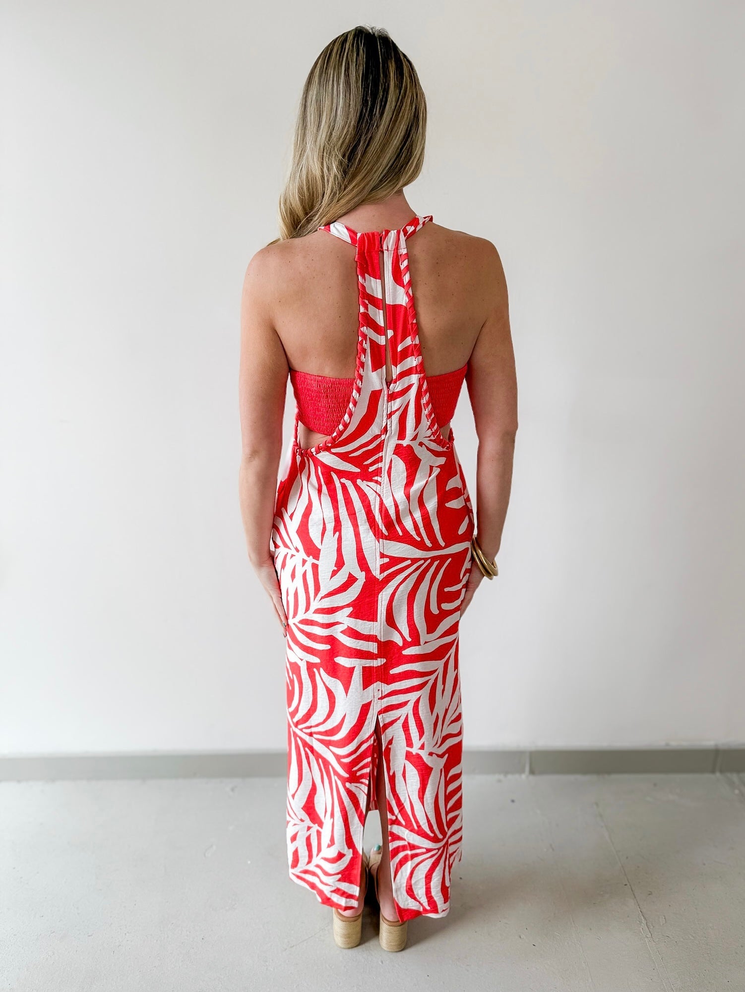 Braided Edge Tropical Halter Dress