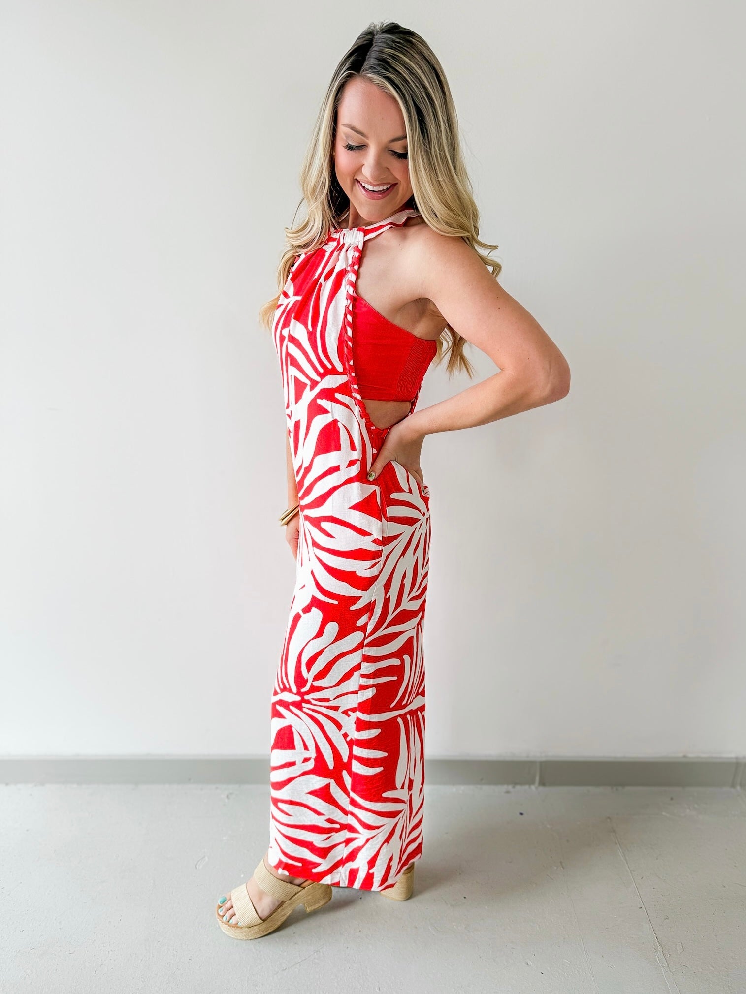 Braided Edge Tropical Halter Dress