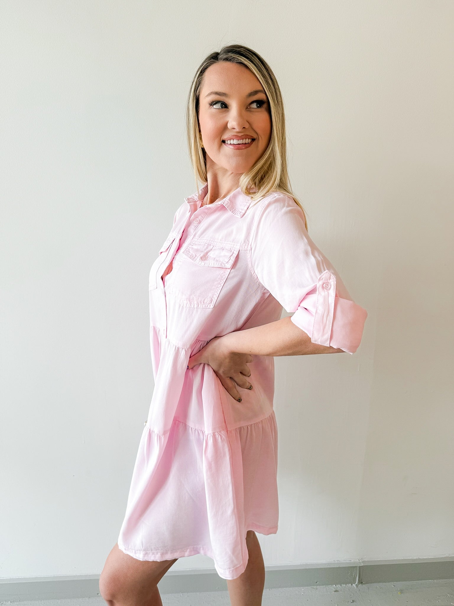 Bree Roll Tab Shirt Dress - Pink
