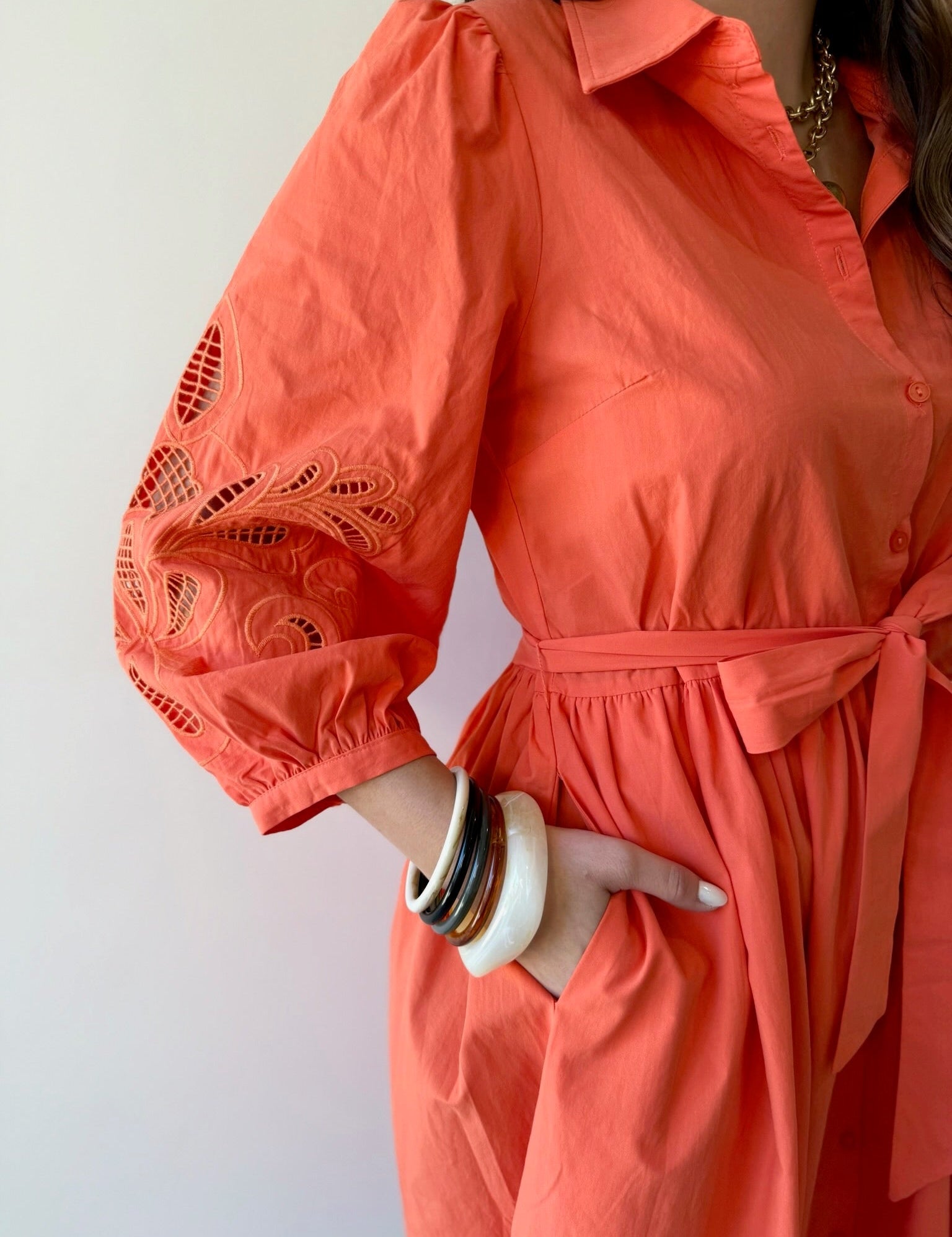 Broderie Midi Shirt Dress - Orange