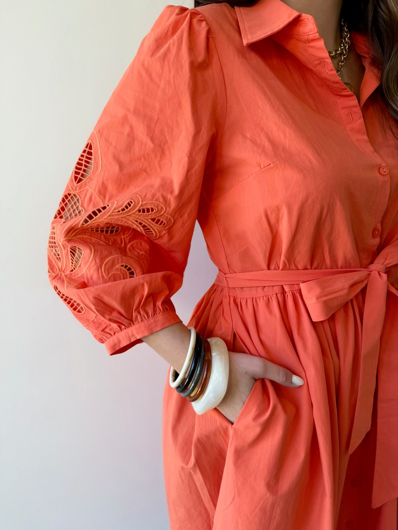 Broderie Midi Shirt Dress - Orange