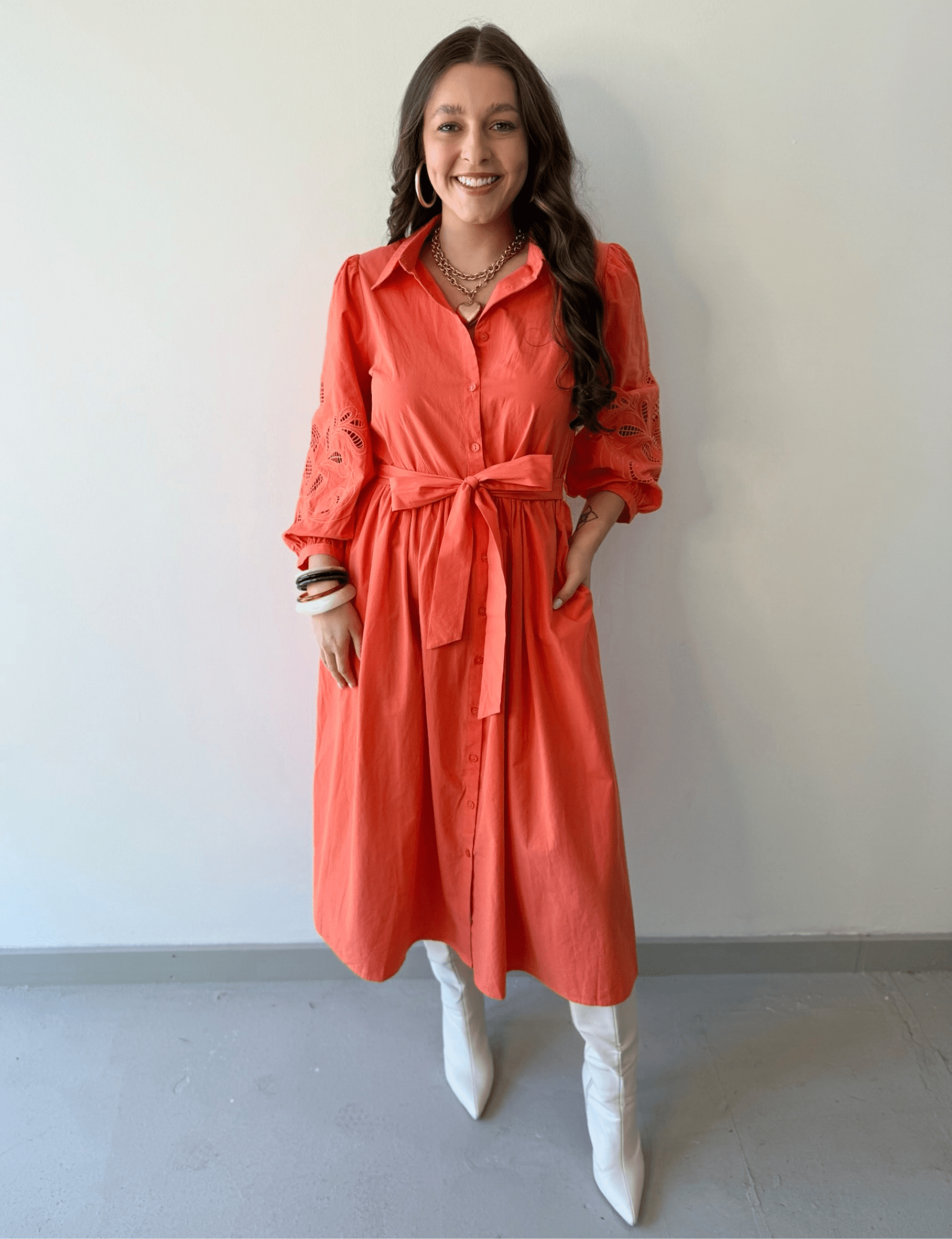 Broderie Midi Shirt Dress - Orange