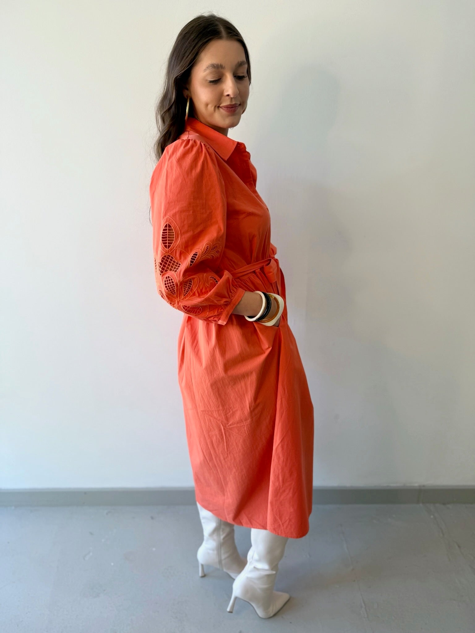 Broderie Midi Shirt Dress - Orange