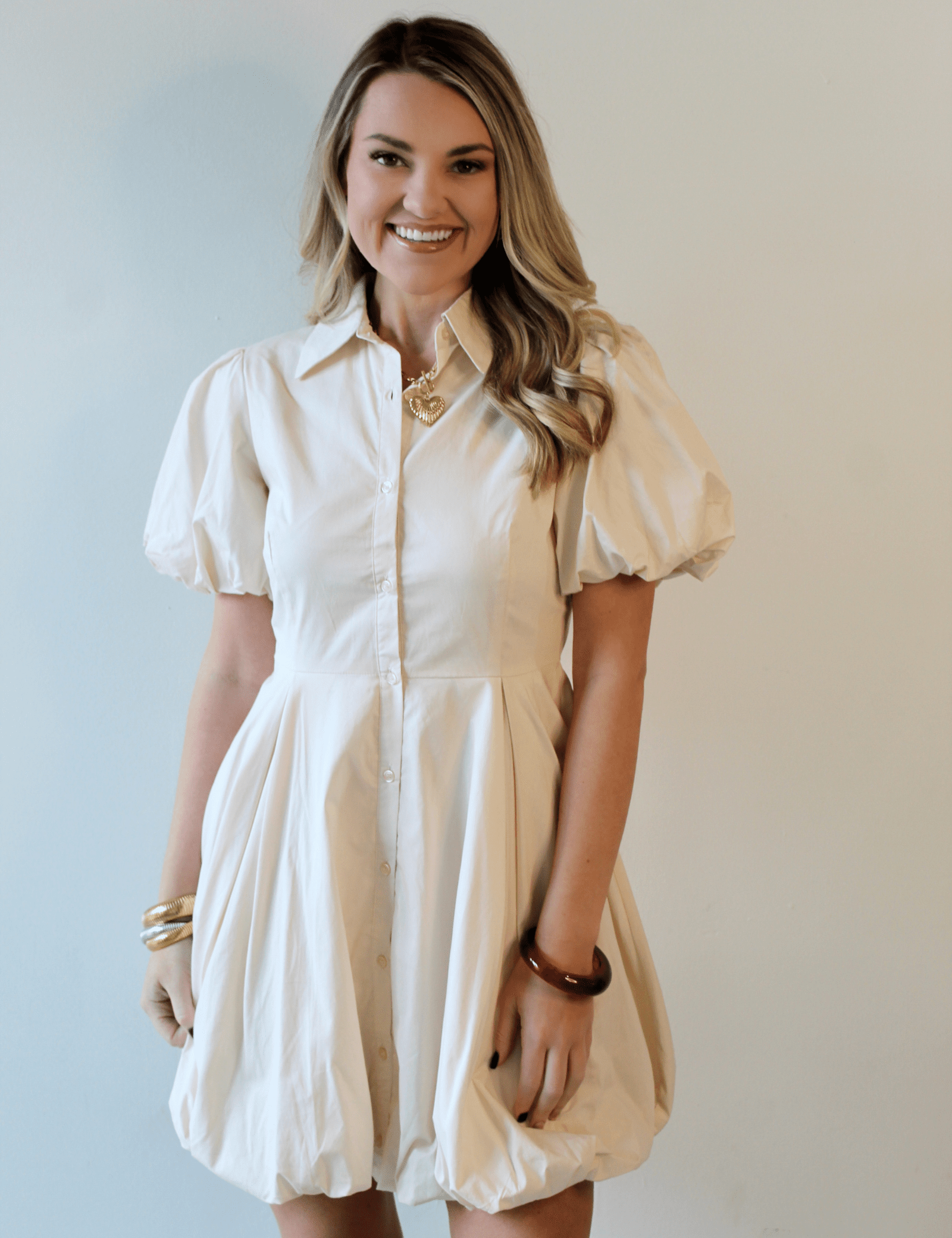 Bubble Hem Mini Shirt Dress - Eggshell