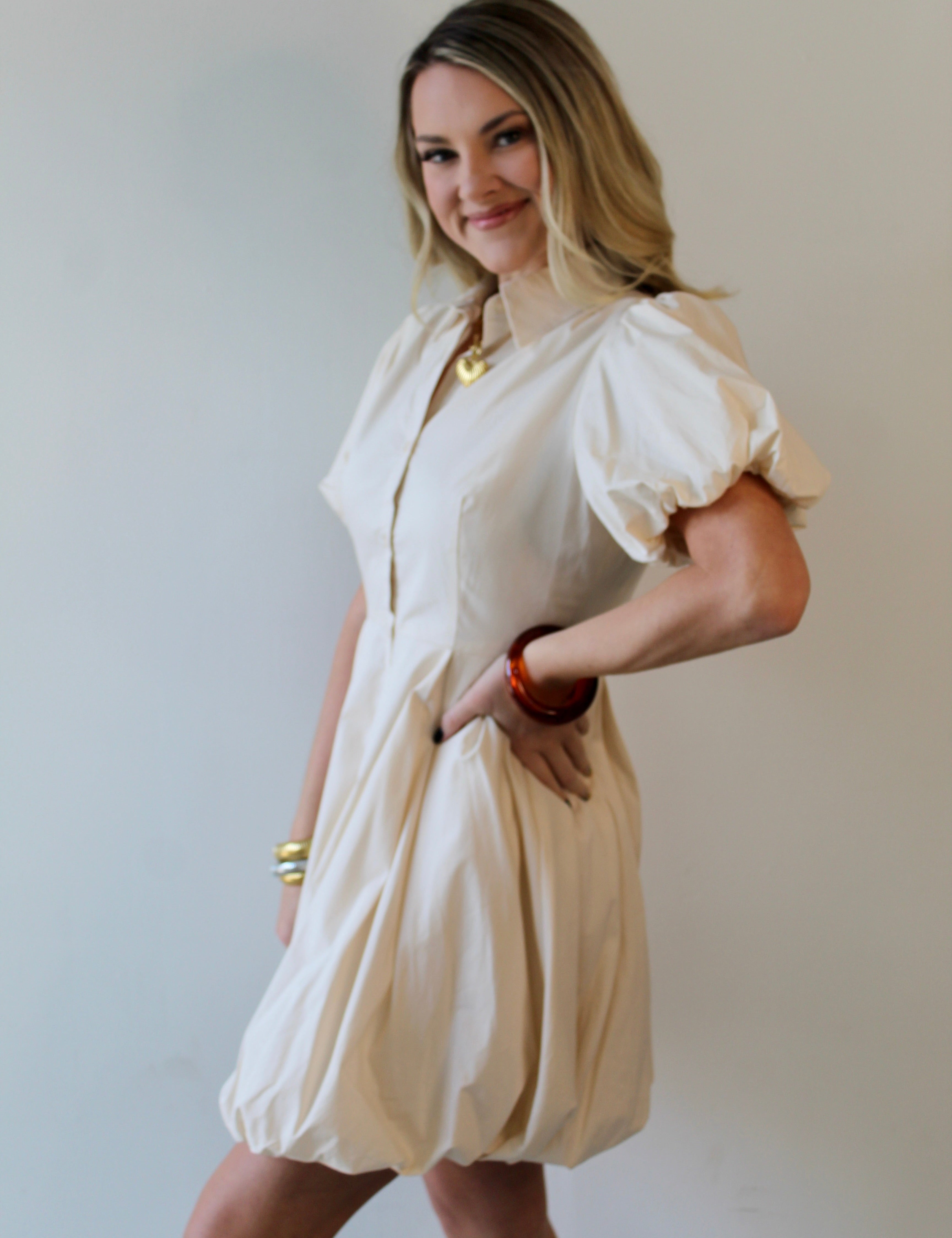 Bubble Hem Mini Shirt Dress - Eggshell