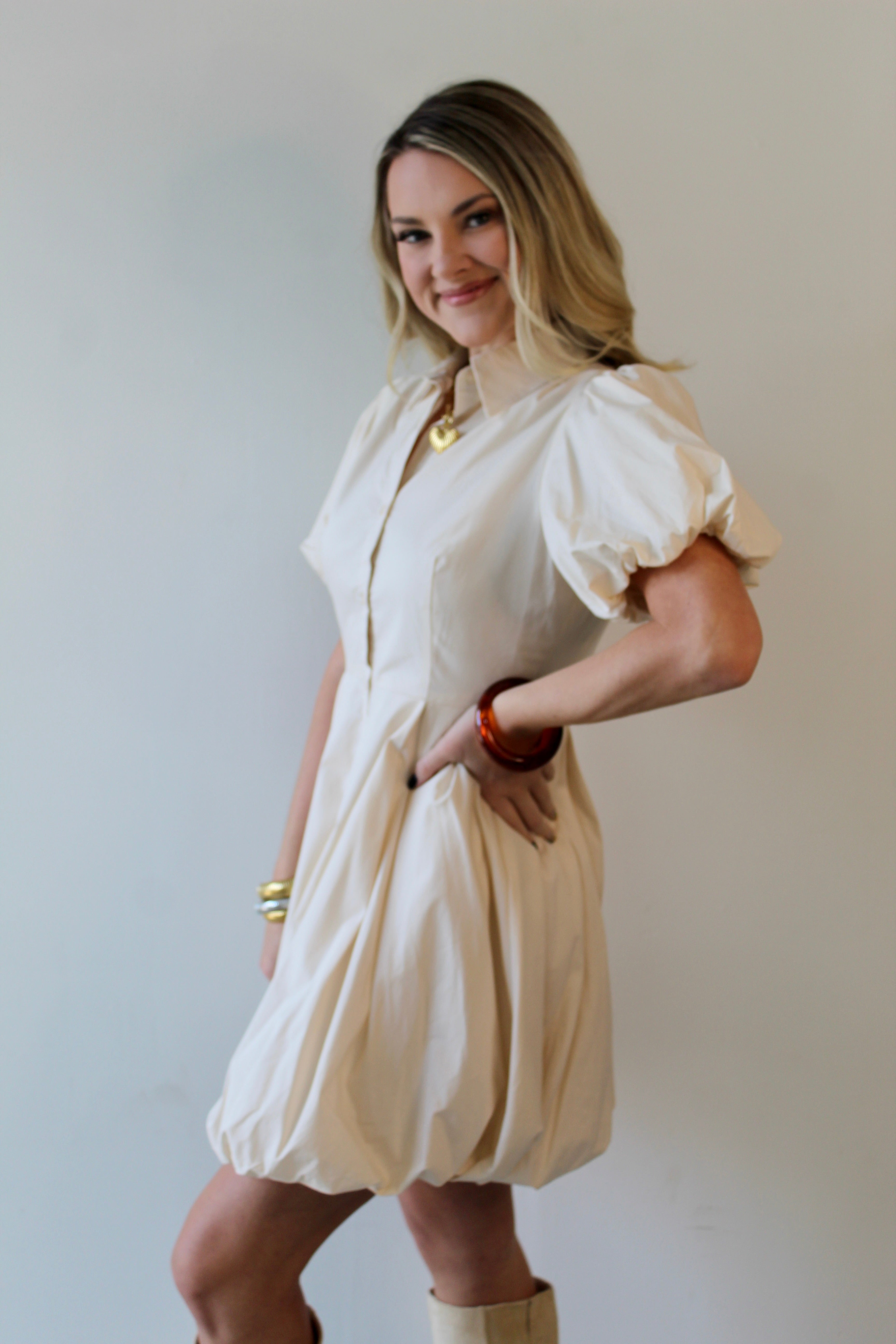 Bubble Hem Mini Shirt Dress - Eggshell
