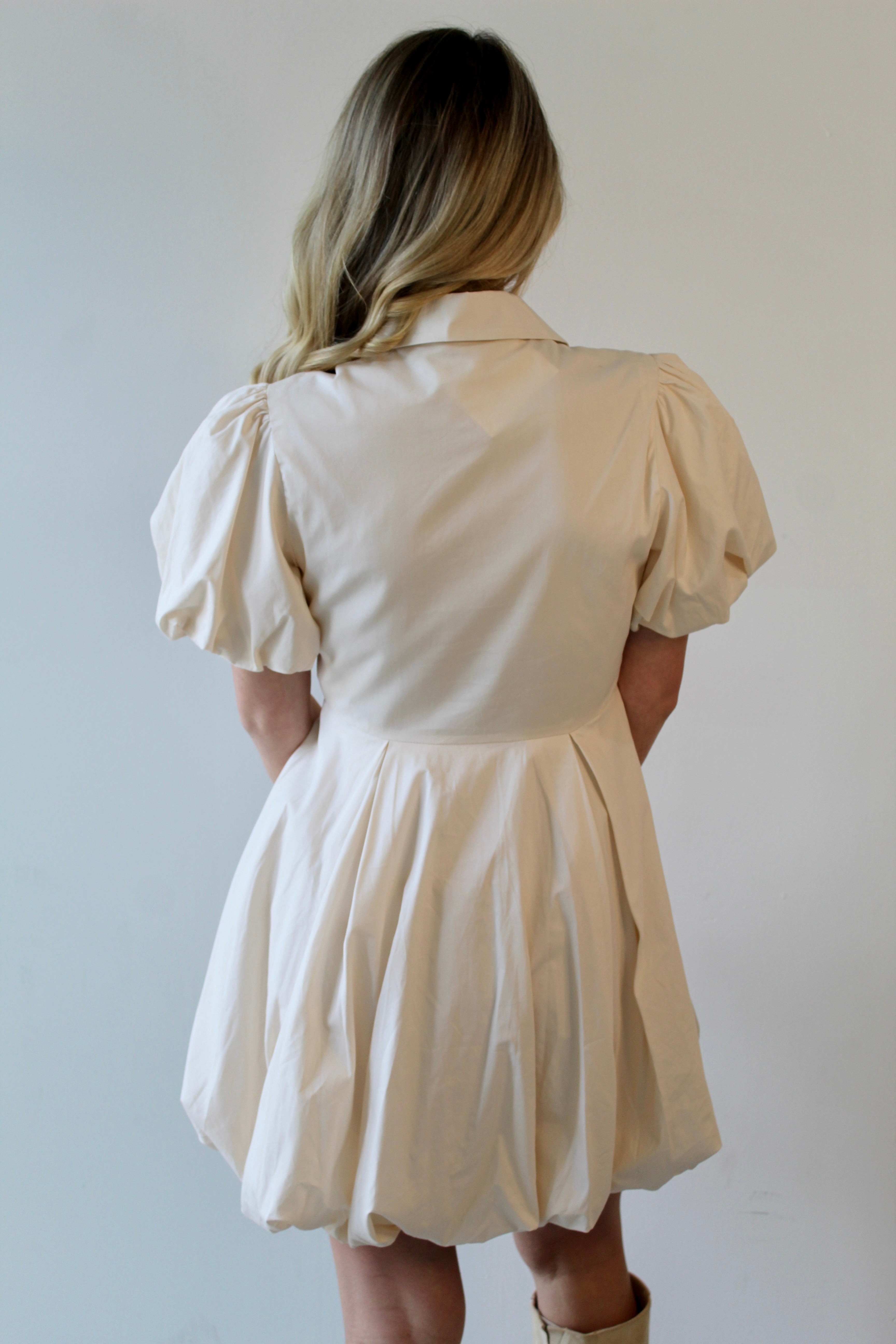 Bubble Hem Mini Shirt Dress - Eggshell
