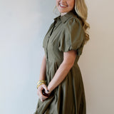 Bubble Hem Mini Shirt Dress - Olive