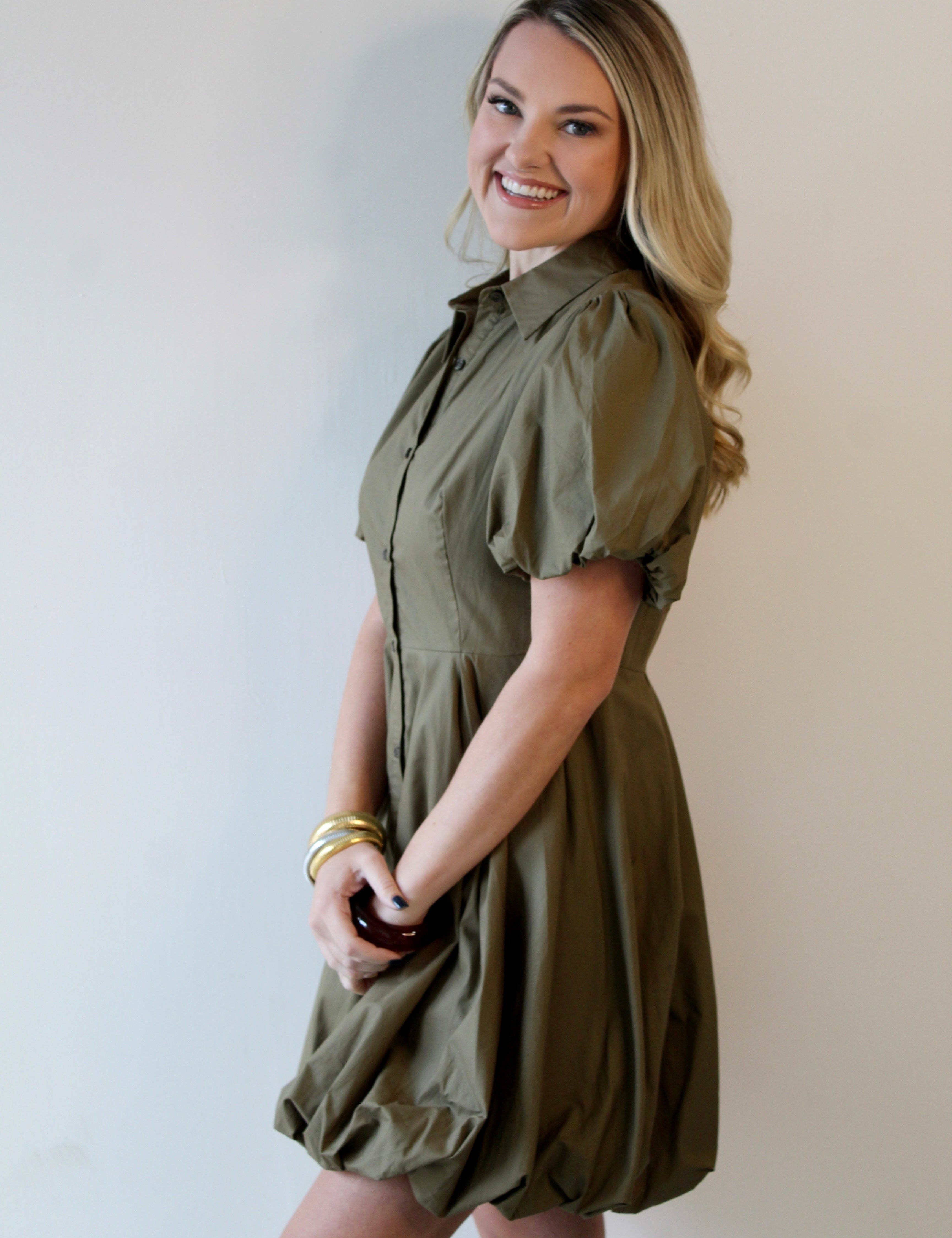 Bubble Hem Mini Shirt Dress - Olive
