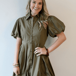 Bubble Hem Mini Shirt Dress - Olive