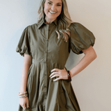 Bubble Hem Mini Shirt Dress - Olive