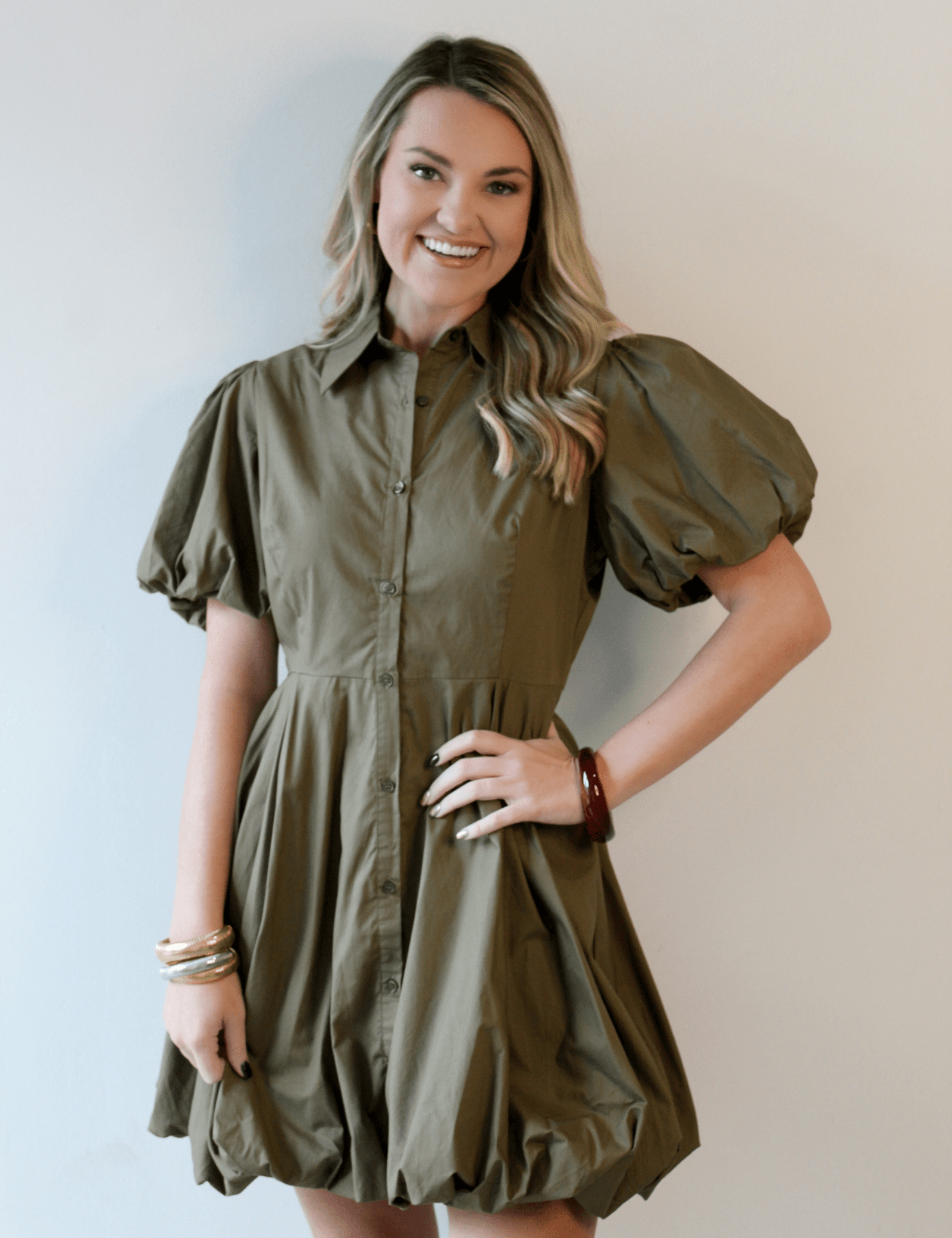 Bubble Hem Mini Shirt Dress - Olive