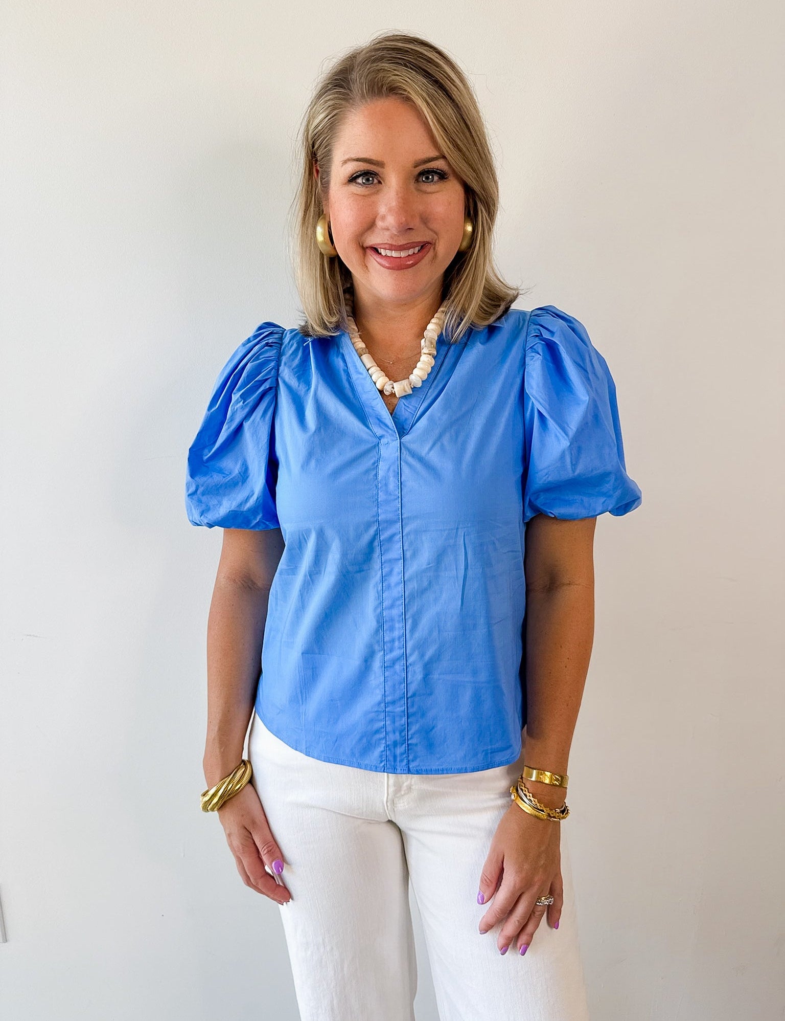 Bubble Sleeve Top - Mid Blue